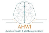 Logo of the Aviation Health & Wellbeing Institute featuring a geometric, interconnected design symbolizing pilot mental health, with the acronym "AHWI" below.